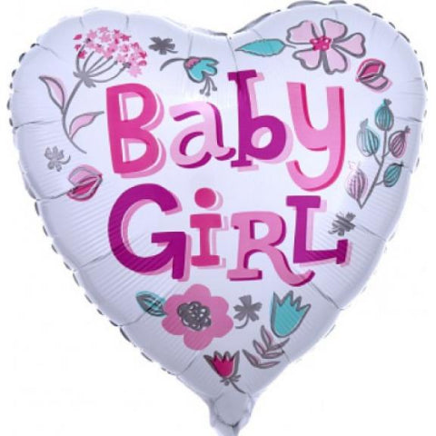 Heart-shaped balloon with 'Baby Girl' text and floral designs on a white background