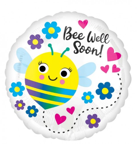 Balloon with a bee design and 'Bee Well Soon!' text on a white background