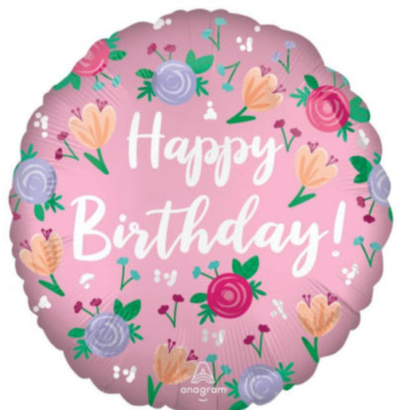 18 INCH HAPPY BIRTHDAY PINK AND FLOWERS