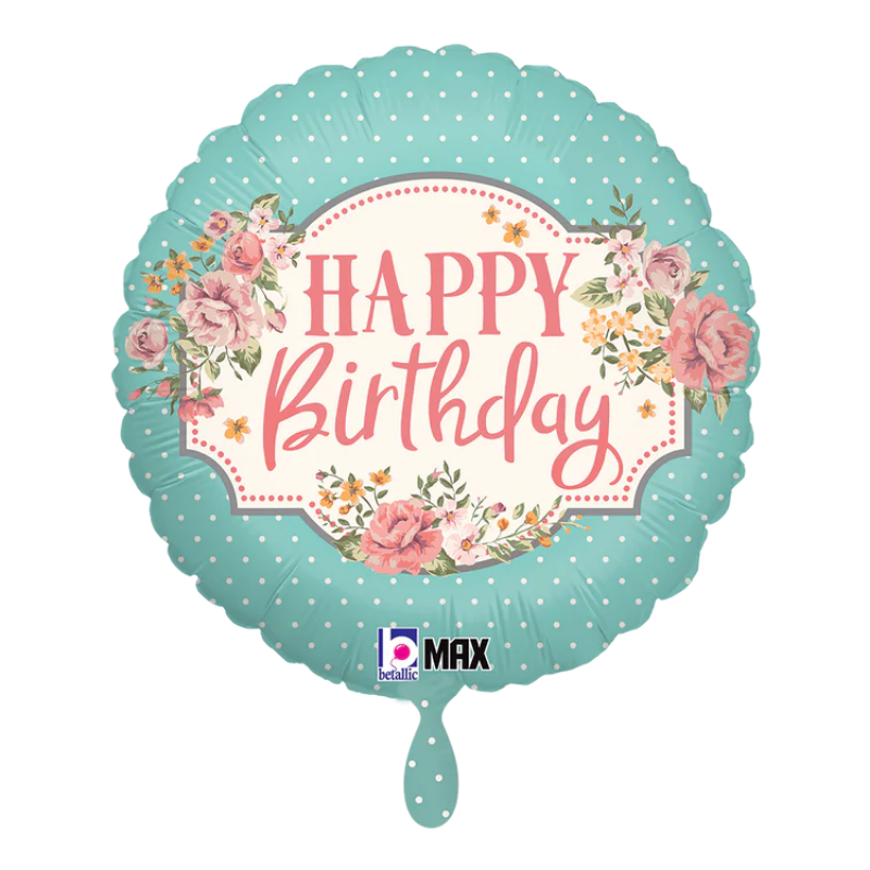 Decorative balloon with 'Happy Birthday' text and floral design