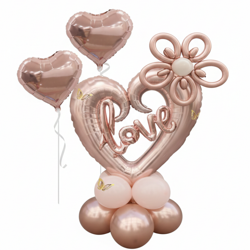 21-Piece "Love" Heart & Flower Balloon Centerpiece Kit – Rose Gold & Champagne