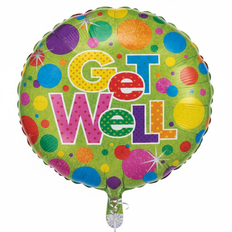 Colorful 'Get Well' balloon with polka dots