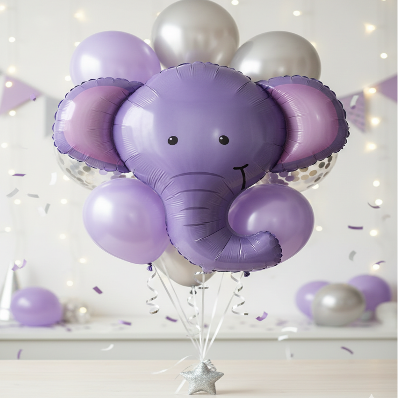 Purple elephant balloon with silver and purple balloons against a light background