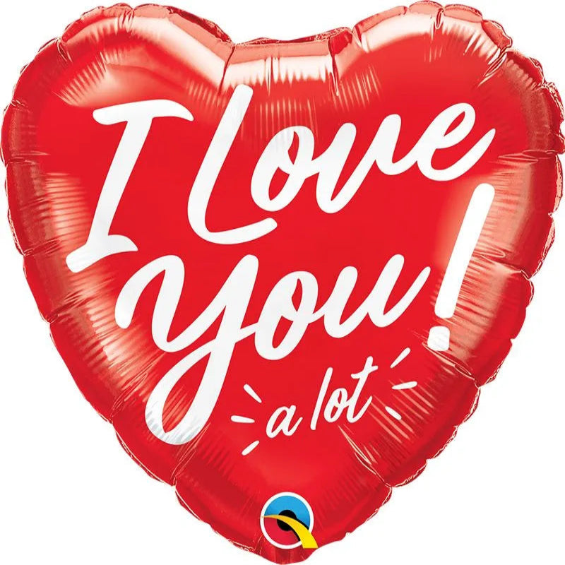 Red heart-shaped balloon with 'I Love You! A Lot'