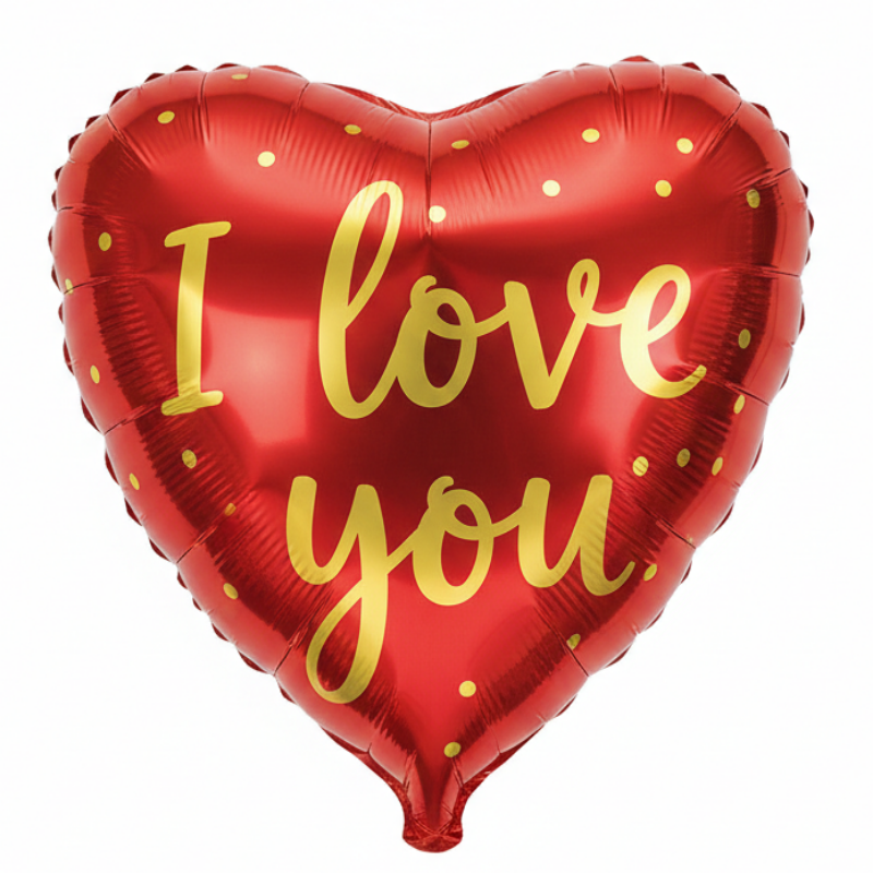 Red heart-shaped balloon with 'I love you' text
