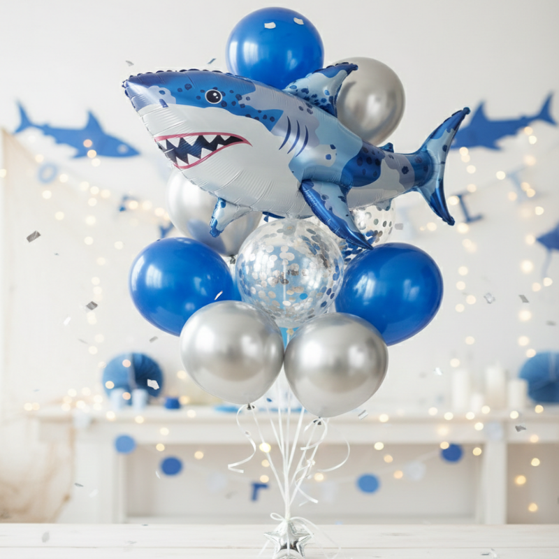 Shark-shaped balloon with blue and silver balloons on a stand against a blurred festive background.
