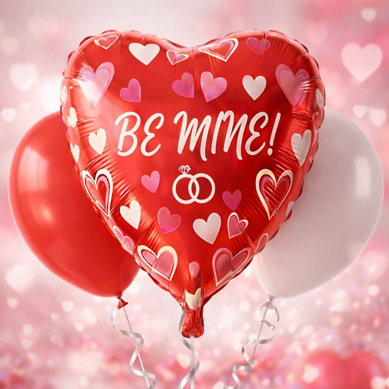 Heart-shaped balloon with 'BE MINE!' text and heart patterns on a soft pink background