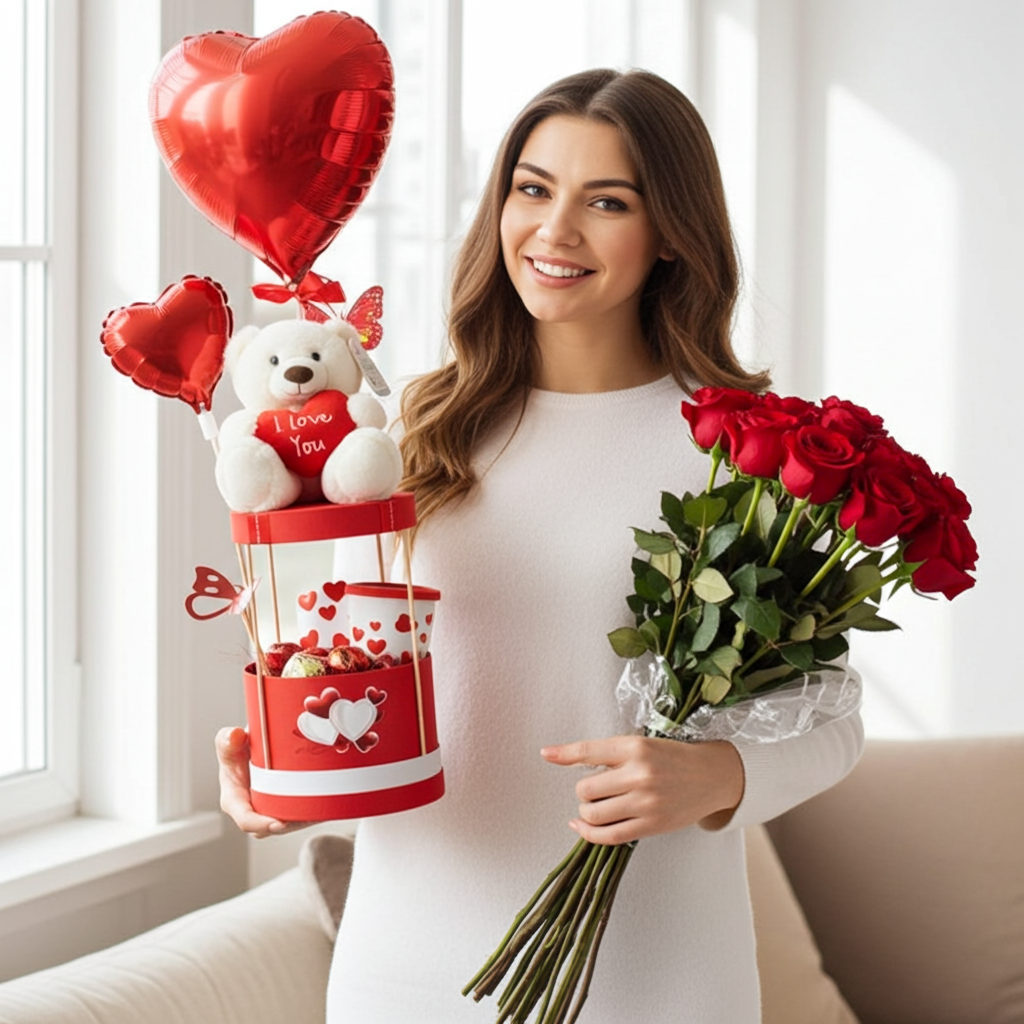 bouquet of red roses and a gift basket with heart-shaped balloons and a teddy bear. balloons for delivery in Verdun Beirut