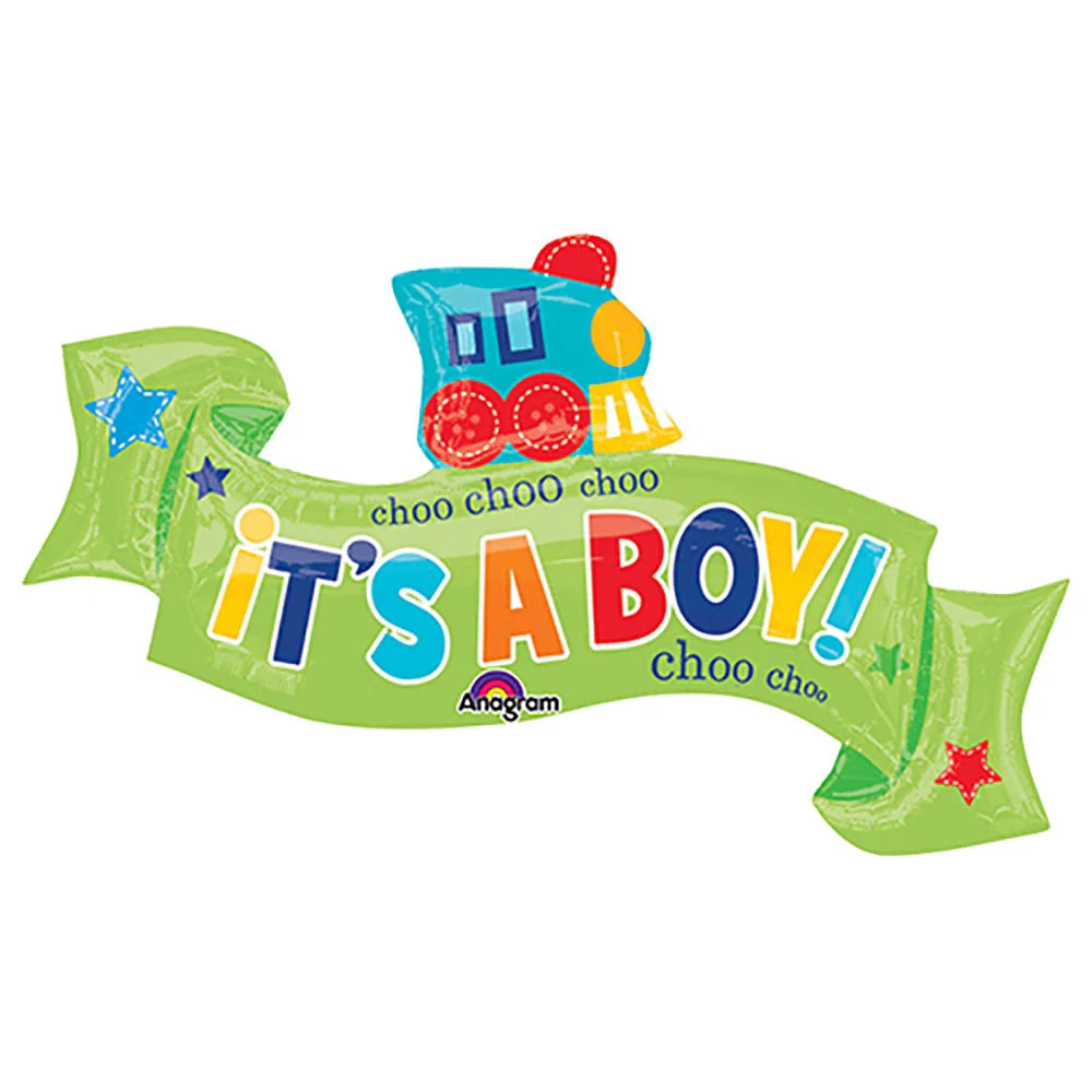 Colorful balloon shaped like a train with 'It's a Boy!' text on a white background
