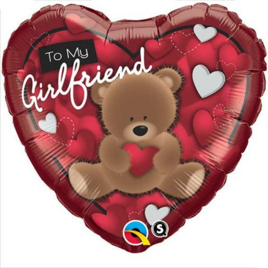Heart-shaped balloon with teddy bear and 'To My Girlfriend' text, featuring a QS logo.
