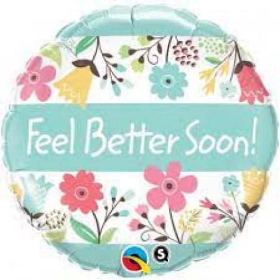 Floral-themed 'Feel Better Soon!' balloon with colorful flowers and leaves on a white background.