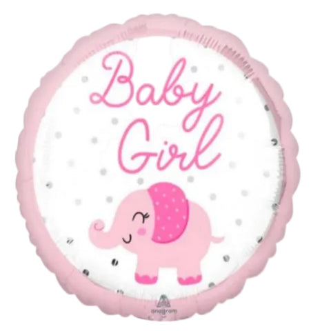Pink balloon with 'Baby Girl' text and an elephant design on a white background