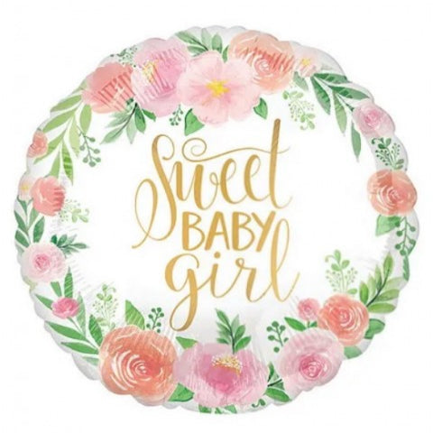 Round balloon with floral design and 'Sweet Baby Girl' text on a white background