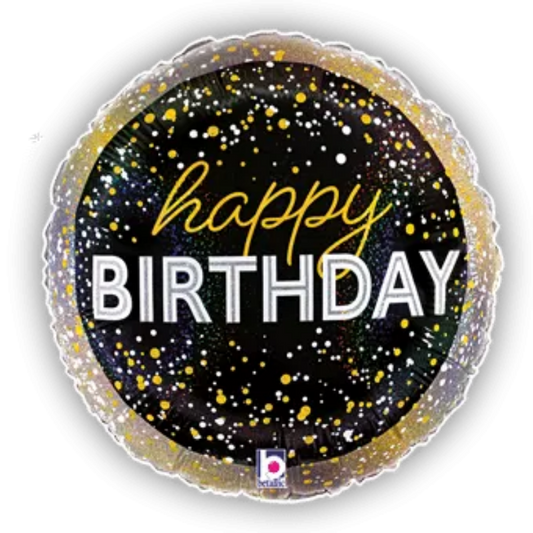 18 INCH HAPPY BIRTHDAY BLACK GOLD CONFETTI LETS PARTY