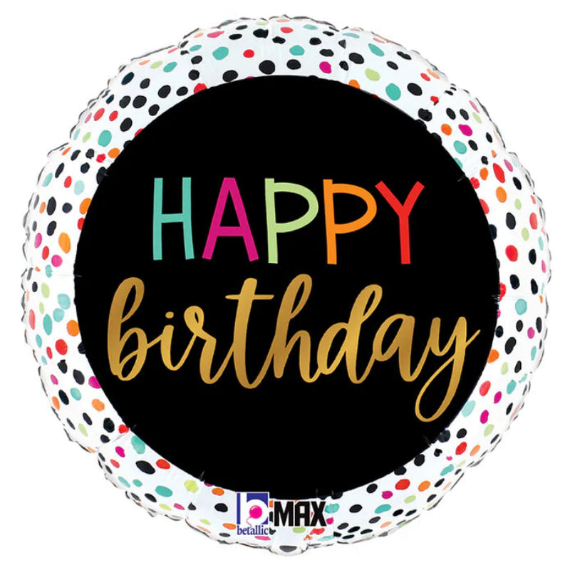 18 INCH HAPPY BIRTHDAY BLACK WHITE COLORFUL DOTS