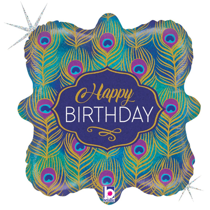 18 INCH HAPPY BIRTHDAY BLUE PEACOCK FEATHER