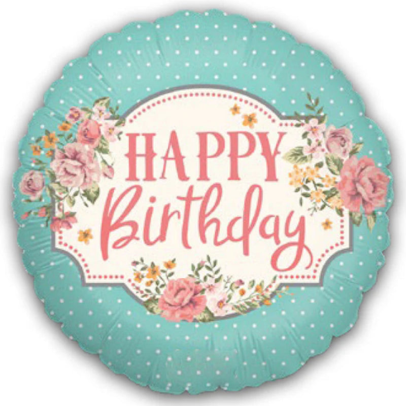 18 INCH HAPPY BIRTHDAY BLUE WHITE VINTAGE FLORAL ROSE