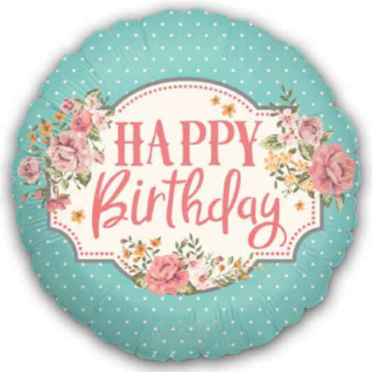 18 INCH HAPPY BIRTHDAY BLUE WHITE VINTAGE FLORAL ROSE