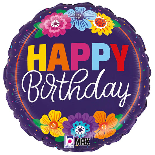 18 INCH HAPPY BIRTHDAY PURPLE COLORFUL BLOOM FLOWERS