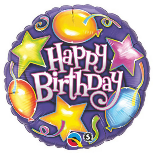 18 INCH HAPPY BIRTHDAY PURPLE MULTICOLOR STAR AND BALLOON