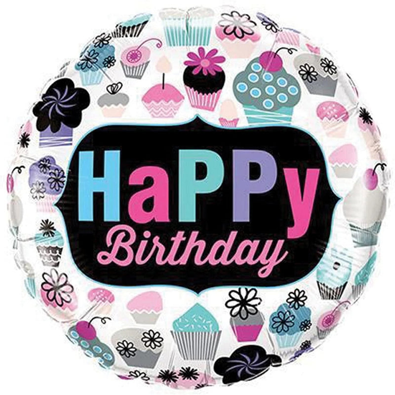18 INCH HAPPY BIRTHDAY WHITE BLACK MULTICOLOR CUPCAKES
