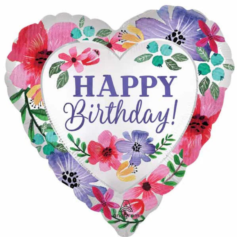 18 INCH HAPPY BIRTHDAY WHITE HEART IN FLORAL HEART
