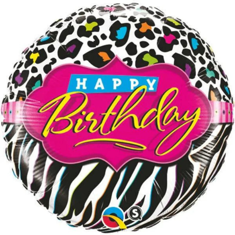 18 INCH HAPPY BIRTHDAY WHITE PINK BLACK ZEBRA PRINT