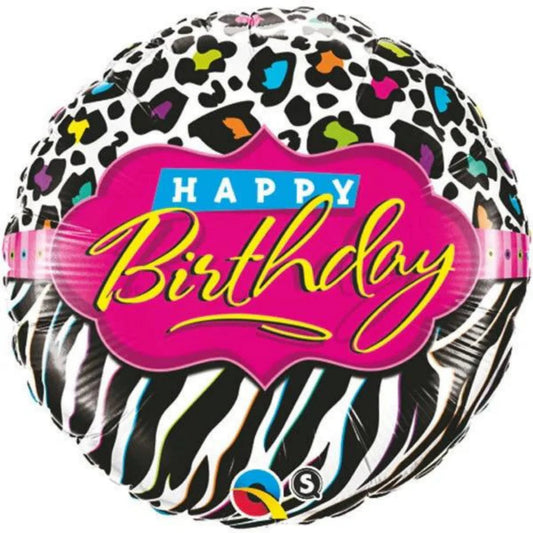 18 INCH HAPPY BIRTHDAY WHITE PINK BLACK ZEBRA PRINT