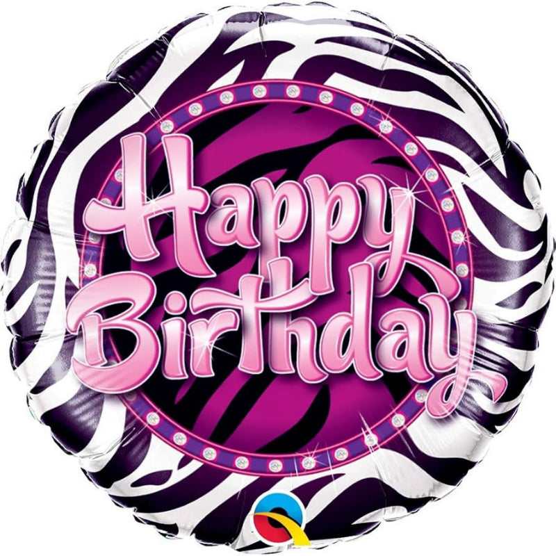18 INCH HAPPY BIRTHDAY WHITE PURPLE BLACK ZEBRA PRINT