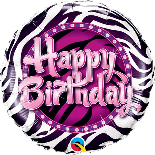 18 INCH HAPPY BIRTHDAY WHITE PURPLE BLACK ZEBRA PRINT
