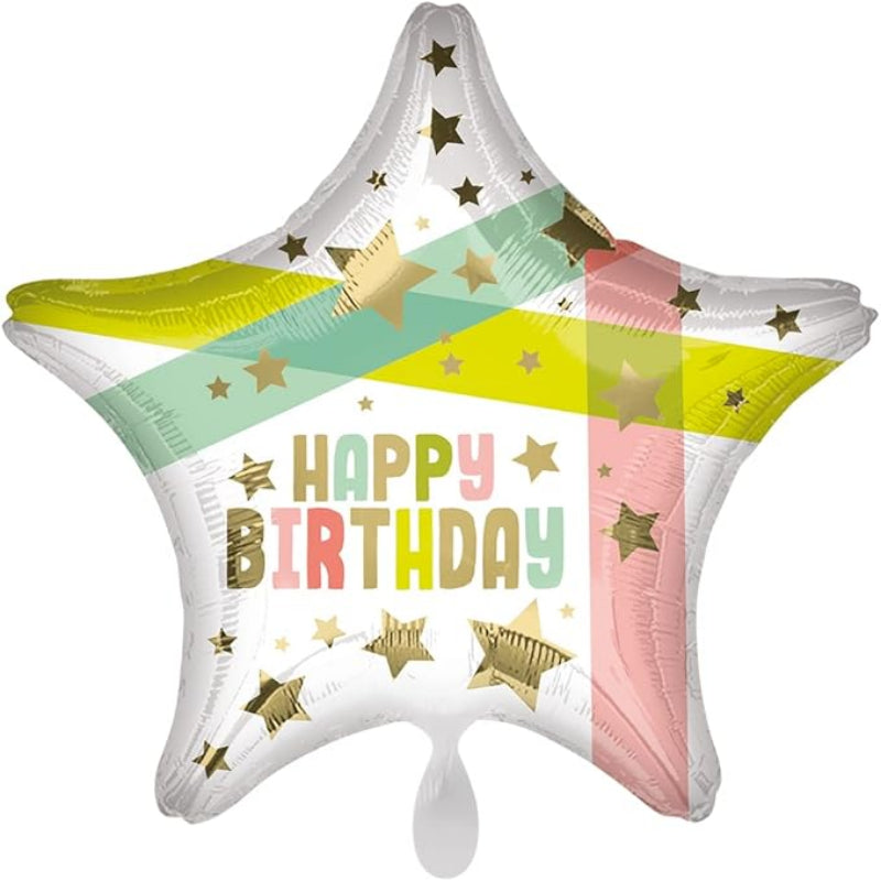 18 INCH HAPPY BIRTHDAY WHITE STAR WITH STRIPS