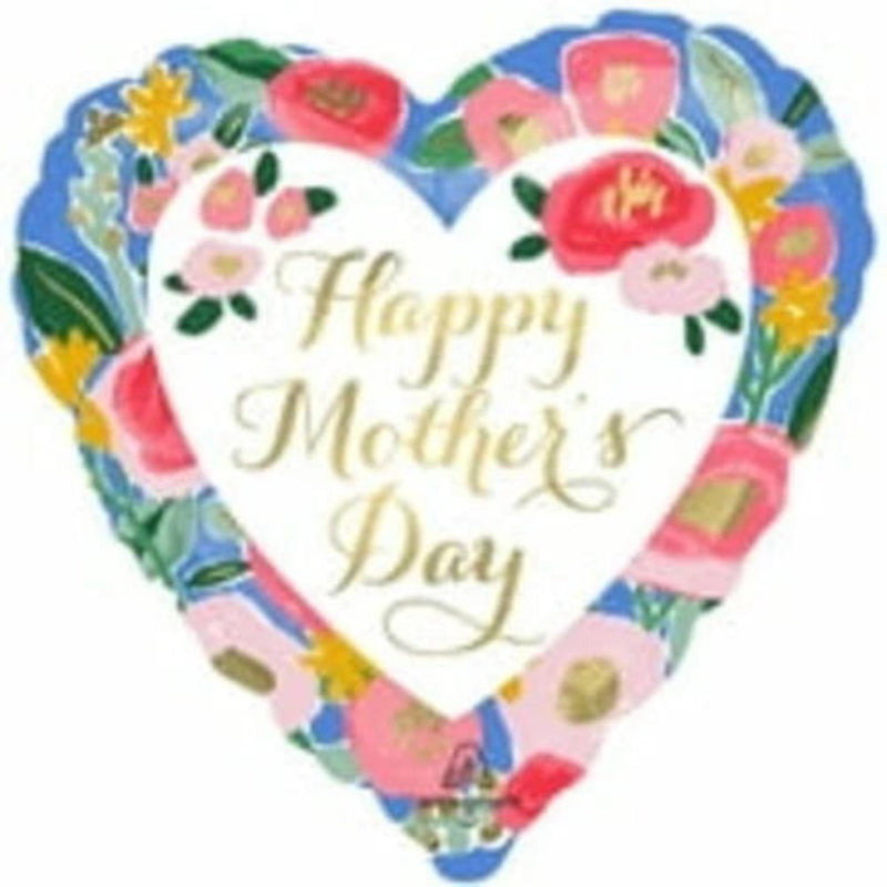 18 INCH HEART HAPPY MOTHER DAY GOLD WHITE BLUE FLORAL