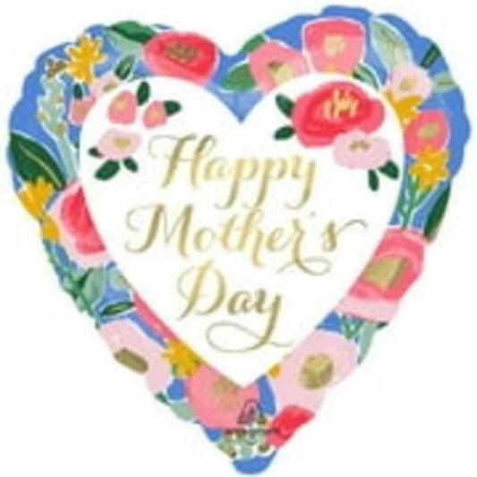 18 INCH HEART HAPPY MOTHER DAY GOLD WHITE BLUE FLORAL