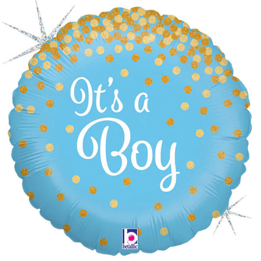 18 INCH ITS A BOY BLUE GOLD DOTS CONFETTI