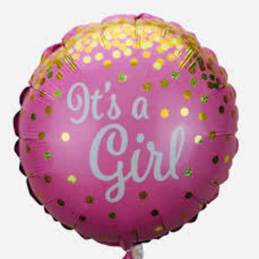 18 INCH ITS A GIRL PINK GOLD DOTS CONFETTI