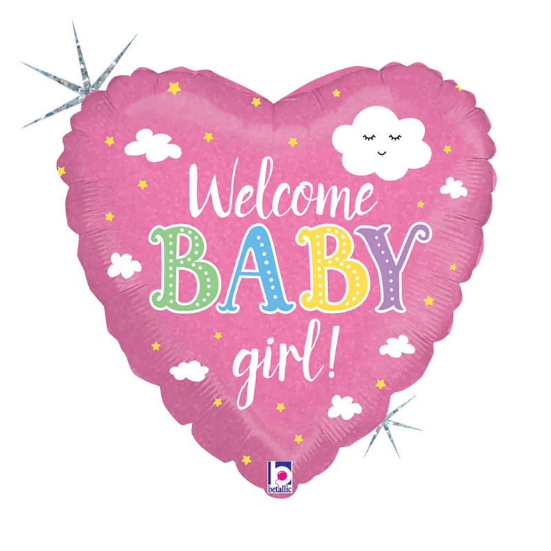 18 INCH PINK HEART WELCOME BABY GIRL WHITE CLOUD