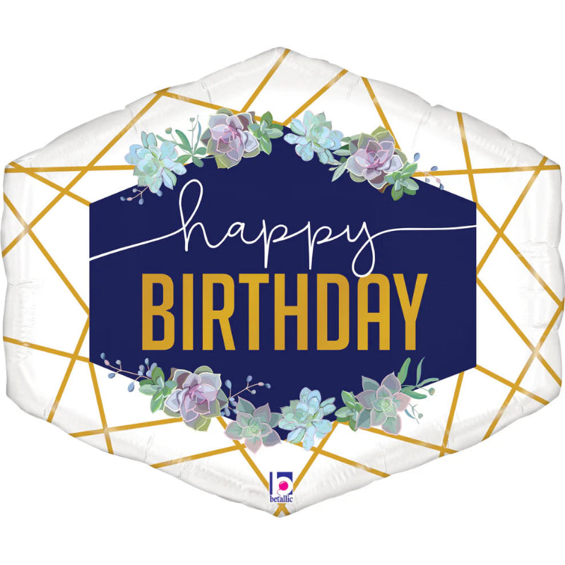 30 INCH HAPPY BIRTHDAY WHITE HEXAGON PURPLE FLORAL GOLD STRIP