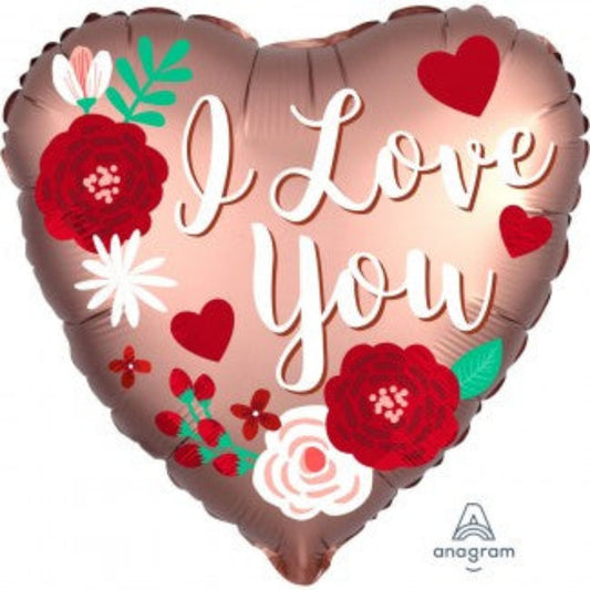 Heart-shaped balloon with floral designs and 'I Love You' 