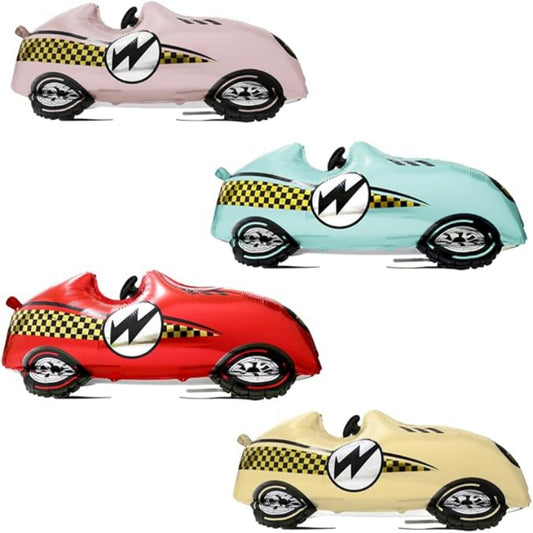 Four colorful toy cars with checkered stripes on a white background