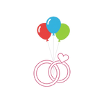 Two wedding rings tied together with strings attached to three colorful balloons on a white background.