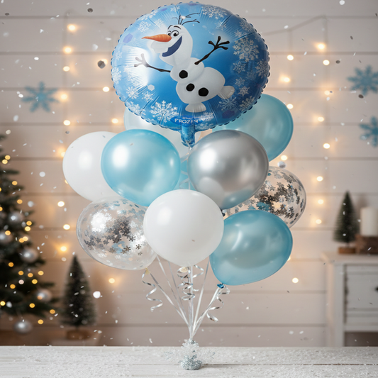 Balloon bouquet with Olaf the Snowman balloon against a festive background with Christmas trees and lights.