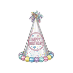 Birthday party hat with colorful decorations on a white background