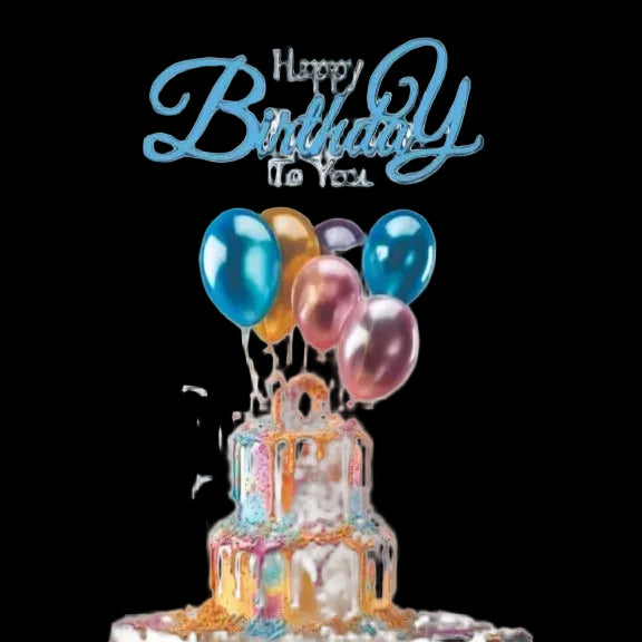 Birthday card with colorful cake and balloons on a dark background