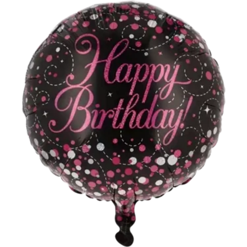 Black balloon with pink 'Happy Birthday!' text and confetti 