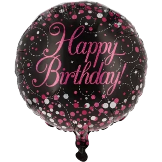 Black balloon with pink 'Happy Birthday!' text and confetti 