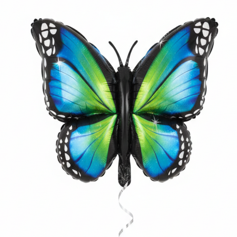 Butterfly-shaped balloon with blue and green wings on a white background