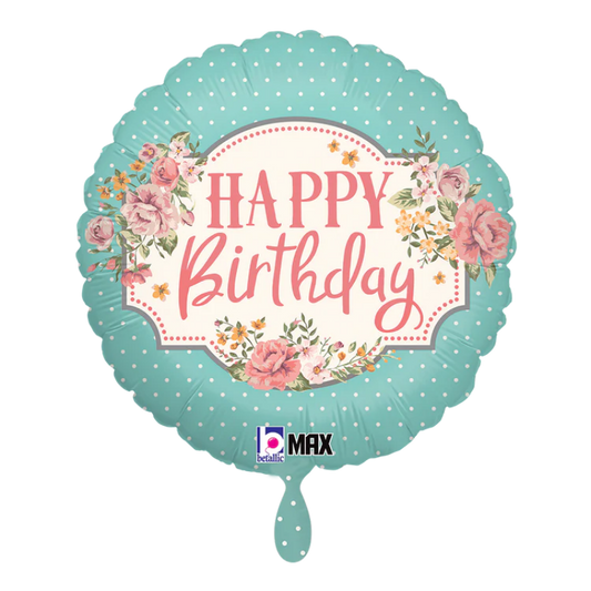 Decorative balloon with 'Happy Birthday' text and floral design