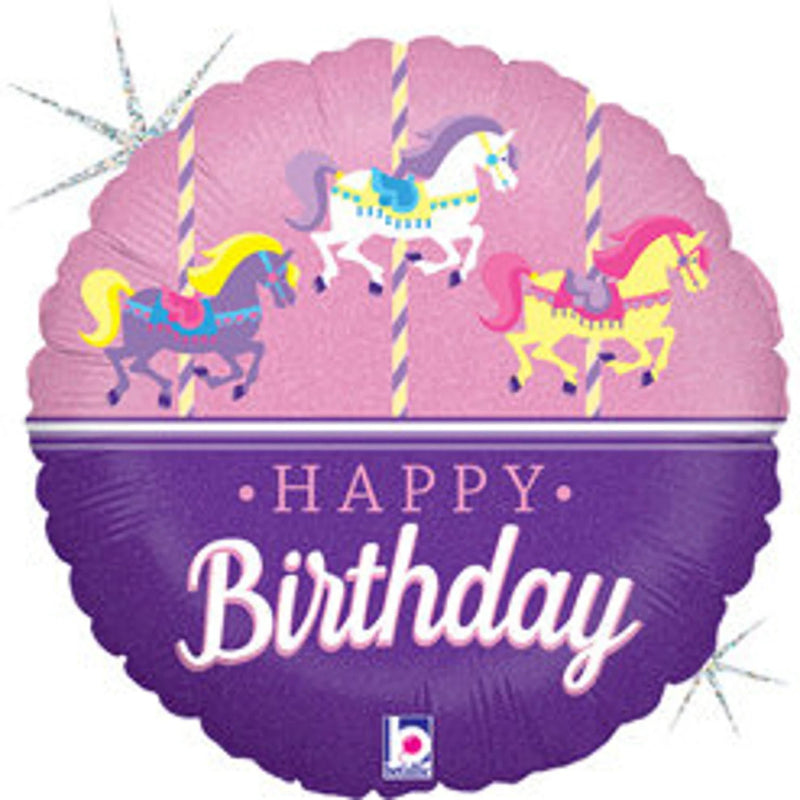 Decorative balloon with carousel horses and 'Happy Birthday' 