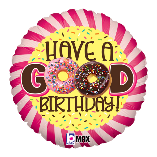 Decorative balloon with 'Have a Good Birthday!' text and donut graphics