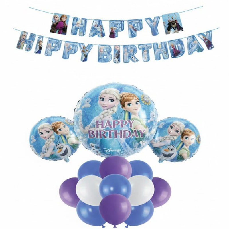Frozen-themed birthday balloon set with 'Happy Birthday' banner on a white background